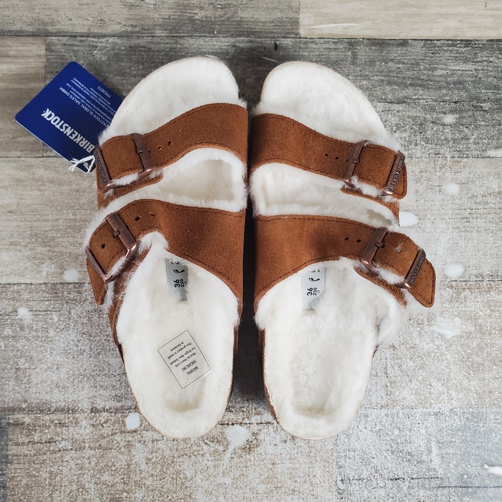 Birkenstock Arizona Womens Slides Sandals Sz 5 Narrow Mink Shearling Suede - Picture 4 of 12